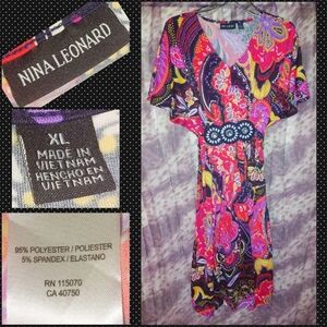 Nina Leonard brand Red/Yellow/Blk/Multiclr Filigree Print Knit Midi Dress Sz XL